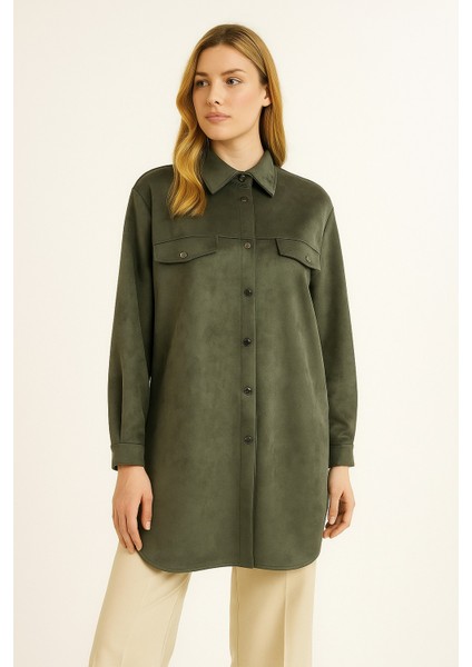 10202 Önden Çıtçıt Düğmeli Cep Kapakçıklı Görünümlü Rahat Kesim Süet Ceket #10-25#