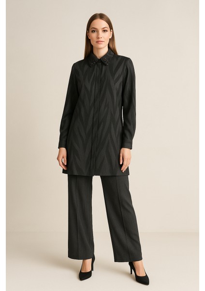 2673 Gömlek Yaka Kol Ucu Manşetli Önü Gizli Düğmeli Pantolonun Beli Yarım Lastikli Cepli Ikili Takım #09-25#