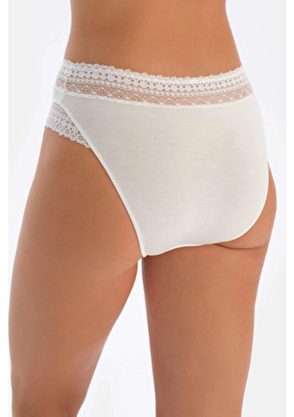Kırık Beyaz Dantel Detaylı Kadın Brıef Külot Yumuşak Mikro Modal Kumaş Tekli Paket