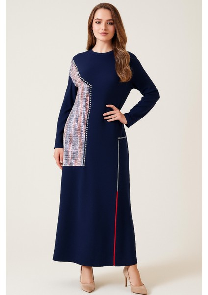 2754 Sıfır Yaka Önü Boncuk Detaylı Etek Ucu Fermuarlı Iki Iplik Tam Boy Elbise #09-25#