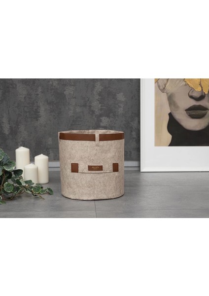 Buğz Deri Şeritli Yuvarlak Çok Amaçlı Düzenleyici Organizer Kutu Keçe Sepet (Mini) 03822