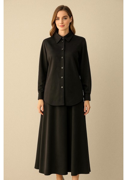 56051 Önden Çıtçıt Düğmeli Eteğin Beli Manşetli Cepli Süet Etekli Takım #10-25#