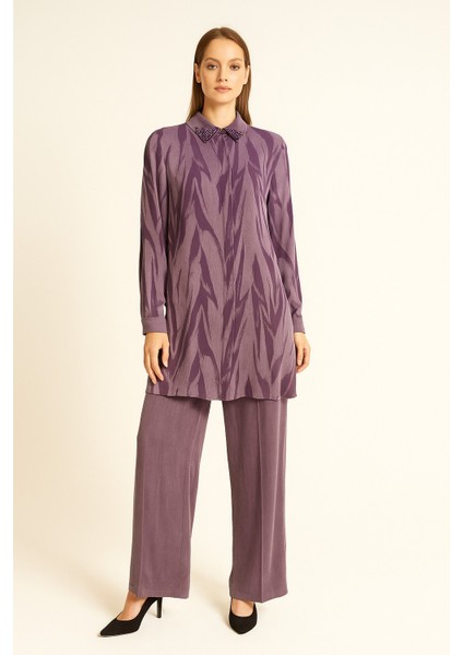 2673 Gömlek Yaka Kol Ucu Manşetli Önü Gizli Düğmeli Pantolonun Beli Yarım Lastikli Cepli Ikili Takım #09-25#