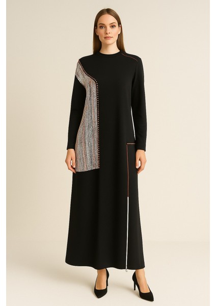 2754 Sıfır Yaka Önü Boncuk Detaylı Etek Ucu Fermuarlı Iki Iplik Tam Boy Elbise #09-25#