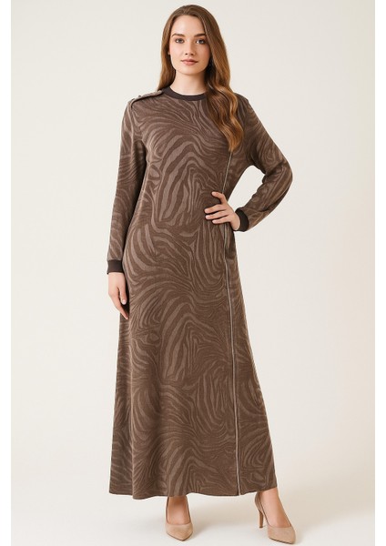 2797 Sıfır Yaka Yakası ve Kol Uçları Lastikli Ön Kısmı Boydan Fermuar Detaylı Ipek Kupra Elbise #09-25#