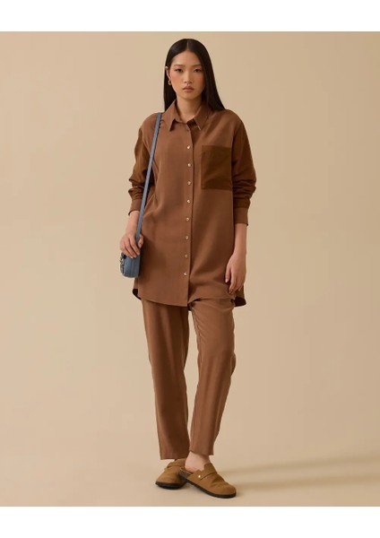 1009 Önü Düğmeli Kol Ucu Manşetli Kolları ve Sırtı Süet Detaylı Gömlek 10002521511009 #10-25#