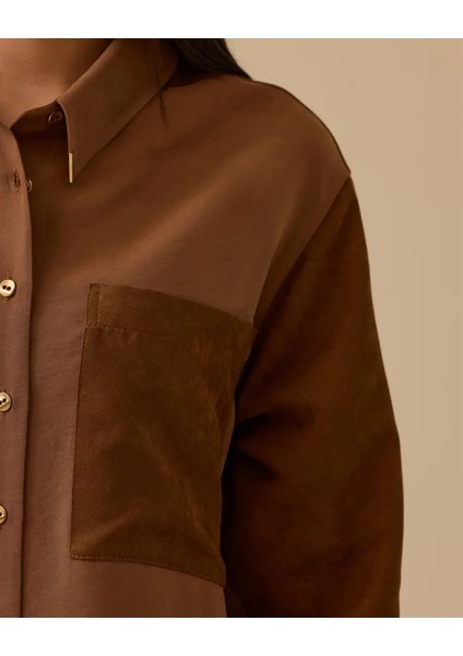 1009 Önü Düğmeli Kol Ucu Manşetli Kolları ve Sırtı Süet Detaylı Gömlek 10002521511009 #10-25# fırsatları