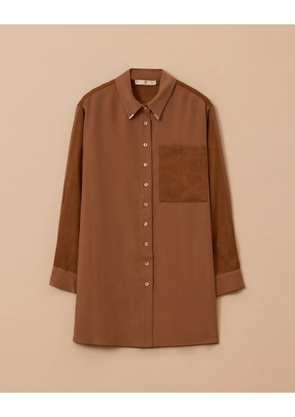 1009 Önü Düğmeli Kol Ucu Manşetli Kolları ve Sırtı Süet Detaylı Gömlek 10002521511009 #10-25# indirimleri