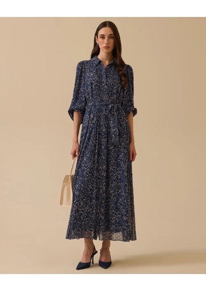 1002 Kol Ucu Lastikli Boydan Düğmeli Gömlek Yaka Günlük Elbise 10002521311002 #10-25#