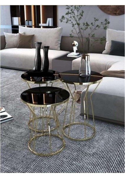 3'lü Kum Saati Zigon Sehpa Seti Gold Ayak Siyah Cam