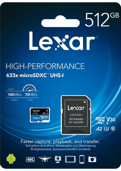 512gb microSDXC™ UHS-I, SD adaptörlü, 100 MB-snye kadar okuma, 70 MB-snye kadar yazma fiyatları