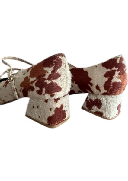 Cinnamon Tüylü Kare Burun Kısa Topuk Ayakkabı