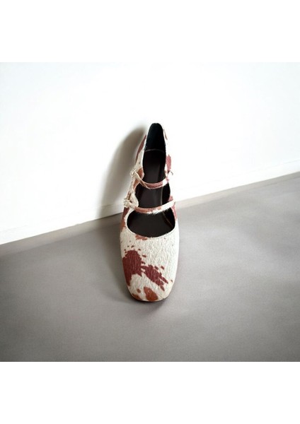 Cinnamon Tüylü Kare Burun Kısa Topuk Ayakkabı