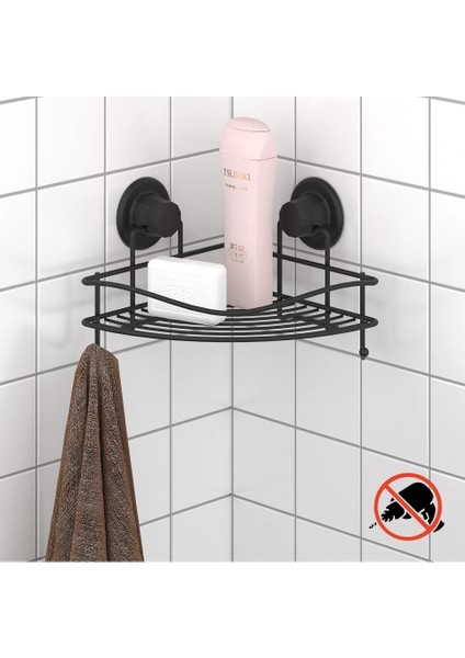 Vakumlu Banyo Duvar Rafı Şampuanlık Kancalı Köşe Rafı Siyah