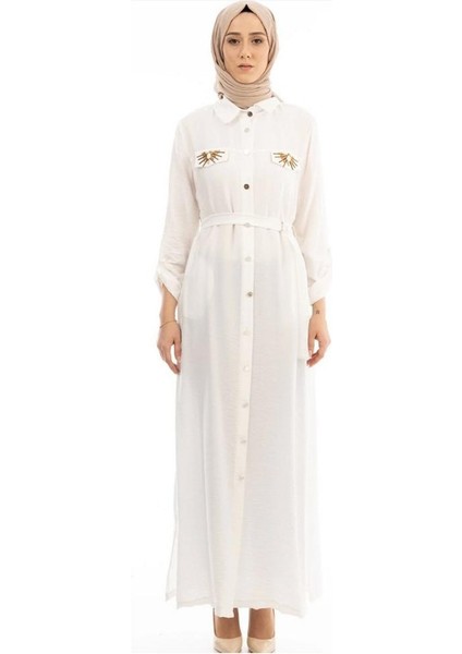 4023 Gömlek Yaka Önü Cep Görünümlü Beli Bağlamalı Cepleri Taş Detaylı Pardesü #09-25#