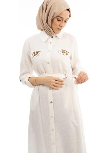 4023 Gömlek Yaka Önü Cep Görünümlü Beli Bağlamalı Cepleri Taş Detaylı Pardesü #09-25# fiyatları