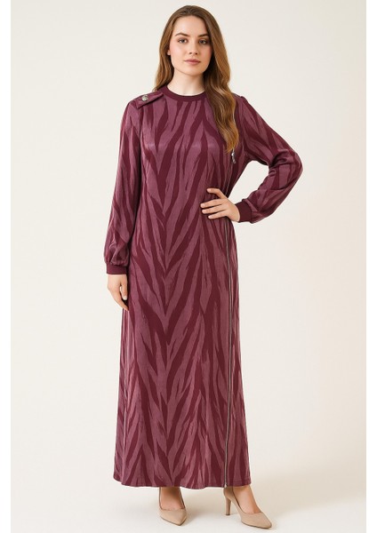 2797 Sıfır Yaka Yakası ve Kol Uçları Lastikli Ön Kısmı Boydan Fermuar Detaylı Ipek Kupra Elbise #09-25#