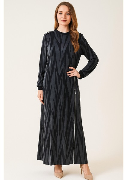 2797 Sıfır Yaka Yakası ve Kol Uçları Lastikli Ön Kısmı Boydan Fermuar Detaylı Ipek Kupra Elbise #09-25#