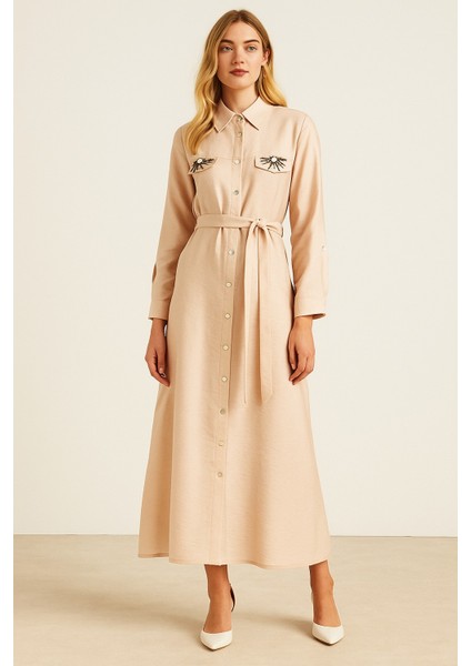 4023 Gömlek Yaka Önü Cep Görünümlü Beli Bağlamalı Cepleri Taş Detaylı Pardesü #09-25#