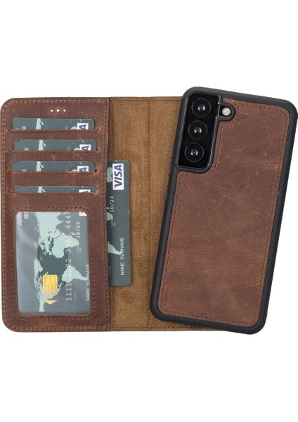 Buğz Samsung Galaxy S22 Uyumlu Deri Cüzdanlı Kılıf Mwwn G2 Kahve