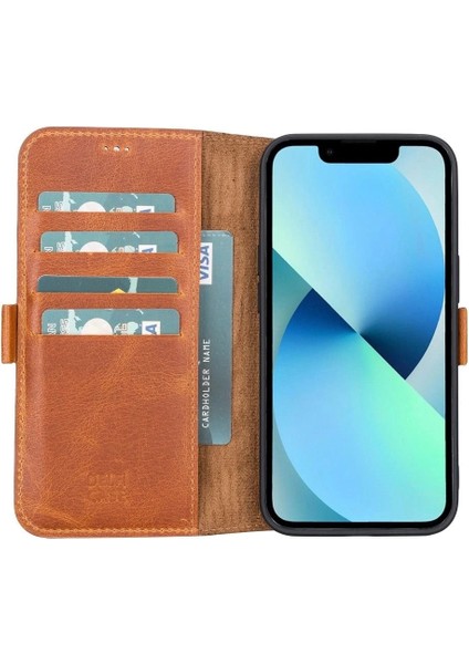 Buğz Apple iPhone 13 Uyumlu Deri Cüzdanlı Kılıf Antik Taba