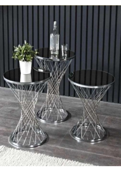 3'lü Kayzer Zigon Sehpa Seti Gümüş Ayak Siyah Cam