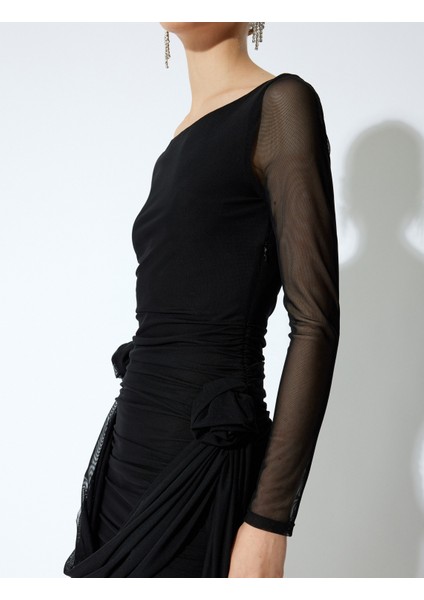 Gül Detaylı Mini Uzun Kollu Kayık Yaka Drapeli Tül Elbise indirimleri