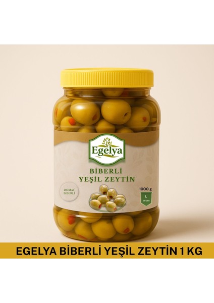 Biberli Yeşil Zeytin 1 kg – Doğal Fermente, Katkısız, Ege Lezzeti