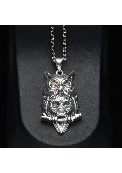 583 Baykuş ve Çiçek Desenli Kafatası Gümüş Kolye fiyatları