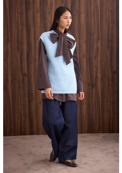 Bisiklet Yaka Süveter Buz Mavi