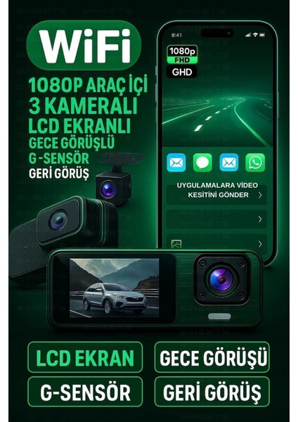 Buğz Wifi 1080P Araç Içi 3 Kameralı LCD Ekranlı Gece Görüşlü , G-Sensör , Geri Görüş Kamera
