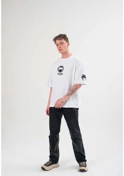 Unisex Bisiklet Yaka Baskılı Oversize T-Shirt - Beyaz -Vlmr