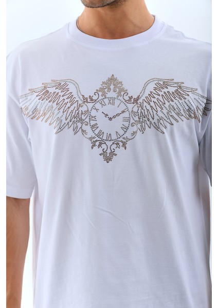 Unisex Oversize Taşlı Bisiklet Yaka T-Shirt - Beyaz -Vlmr