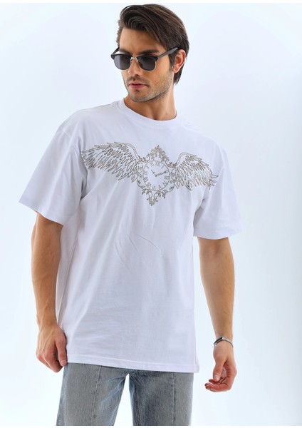 Unisex Oversize Taşlı Bisiklet Yaka T-Shirt - Beyaz -Vlmr fırsatları