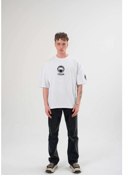 Unisex Bisiklet Yaka Baskılı Oversize T-Shirt - Beyaz -Vlmr fiyatları