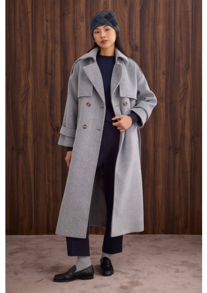 Rüzgarlıklı Uzun Kaban Gri Melanj