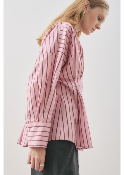 Pile Detaylı Gömlek Pembe Çizgili indirimleri