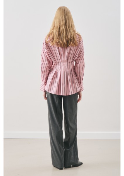 Pile Detaylı Gömlek Pembe Çizgili