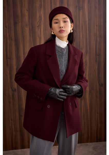 Ince Kaşe Kruvaze Ceket Bordo