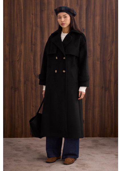 Rüzgarlıklı Uzun Kaban Siyah