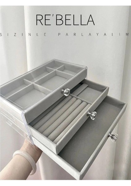 Buğz 3 Çekmeceli Bölmeli Şeffaf Takı Kutusu | Mücevher Saklama Kutusu | Gri Renk Seçeneği 13X23X10 fiyatları