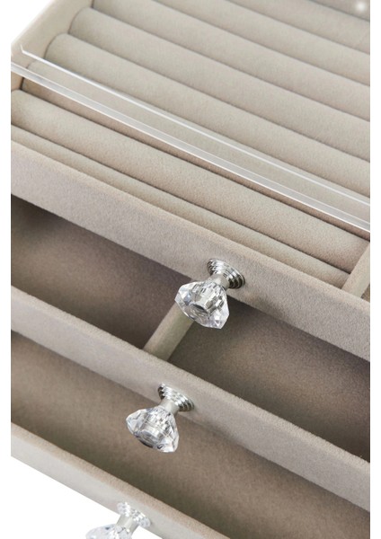 Buğz Modern Gri 3 Çekmeceli Takı Bijuteri Mücevher Kutusu Organizer Düzenleyici Şeffaf 13 x 23 x 10 cm