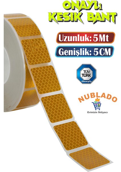 Tüvtürk Onaylı 5 Metre Sarı Parçalı Reflektörlü Reflektif Fosforlu Şerit Bant Kesikli Ikaz Bandı