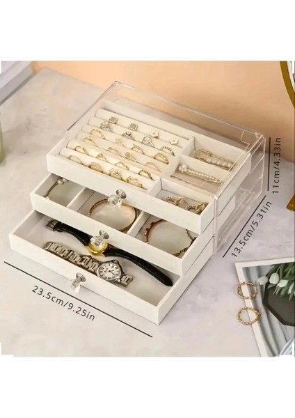 Buğz 3 Çekmeceli Bölmeli Şeffaf Takı Kutusu | Mücevher Saklama Kutusu Krem Renk Seçeneği fiyatları
