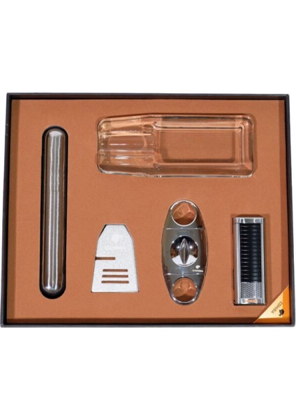 Çakmak Kesici Tüp Küllük Sehpa Beşli Gümüş Puro Seti CST0268