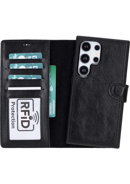 Buğz Samsung Galaxy S24 Ultra Uyumlu, Deri Cüzdanlı Kılıf, Parlak Siyah