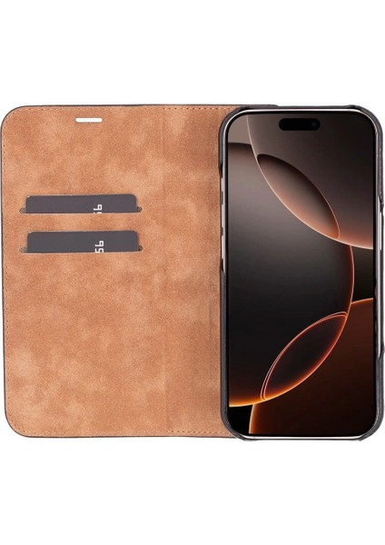 Buğz Apple iPhone 16 Pro Uyumlu, Hakiki Deri, El Yapımı, Cüzdanlı Kılıf, Parlak Siyah