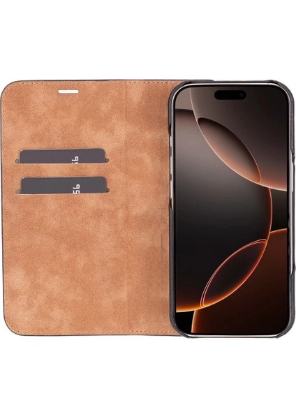 Buğz Apple iPhone 16 Pro Uyumlu, Hakiki Deri, El Yapımı, Cüzdanlı Kılıf, Parlak Siyah indirimleri