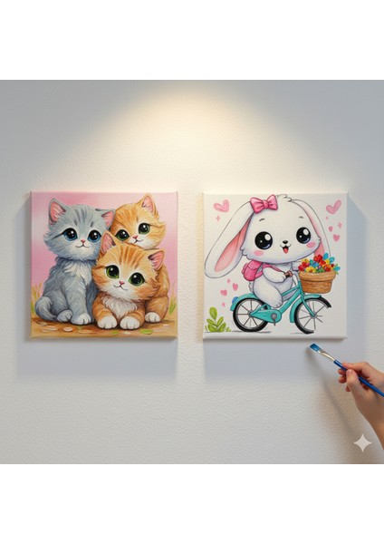 Anaokulu İlkokul Etkinliği 2'li Tuval Boyama Seti 20 x 20 cm Uv Baskı + 6 Akrilik Boya + 1 Fırça Model 35