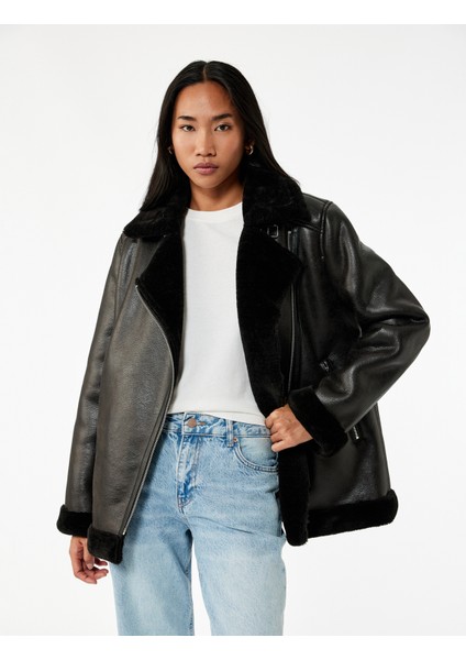 Içi Peluş Astarlı Uzun Kollu Fermuarlı Uzun Suni Deri Biker Ceket